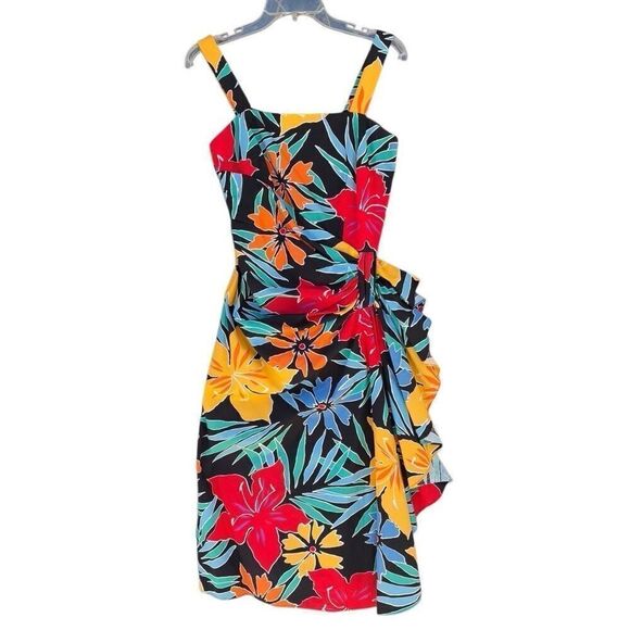 Vintage Tropical Flower Sheath Silhouette Smocked Dress Sz 6 Ruched Chunk Straps - Picture 2 of 9